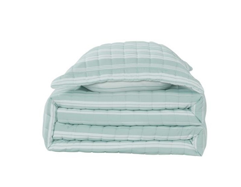 Edredón de verano reversible y ligero en color verde agua y blanco. Diseño de rayas.