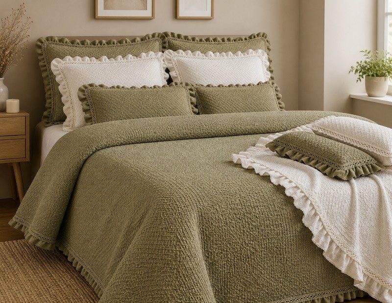 Colcha Martina NE HOME en color verde con volante y puntilla expuesta en la cama