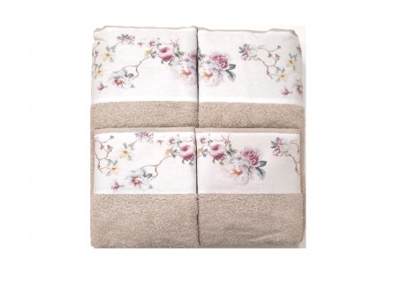 Juego de toallas de 3 piezas de algodón con diseño floreado en color beige y rosa