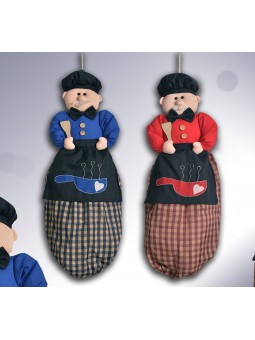 Bolsero para guardar bolsas con diseño de muñeco de chef de cocina en color azul o rojo.