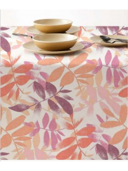 Mantel anti manchas con tejido de tacto textil en color salmón, rosa y morado.