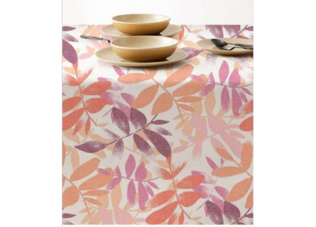 Mantel anti manchas con tejido de tacto textil en color salmón, rosa y morado.