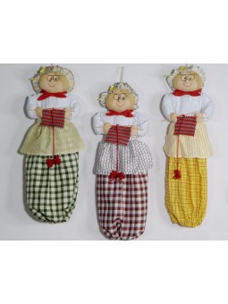 Bolsero para guardar bolsas con diseño de muñeco de muñeca de abuelita en color verde o rojo.