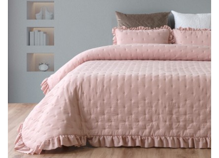 Colcha edredón estilo lencera con volante en color rosa, ideal. Tamaño Cama  135cm