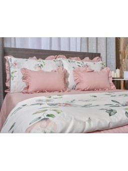 Edredón Lencero con Volante estilo romántico en color liso verde agua, rosa, blanco y beige.